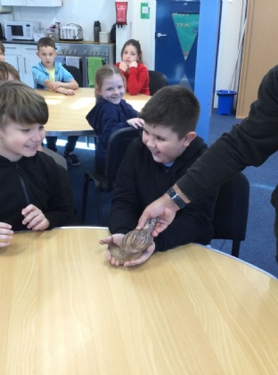 Child smiling and holding giant snail